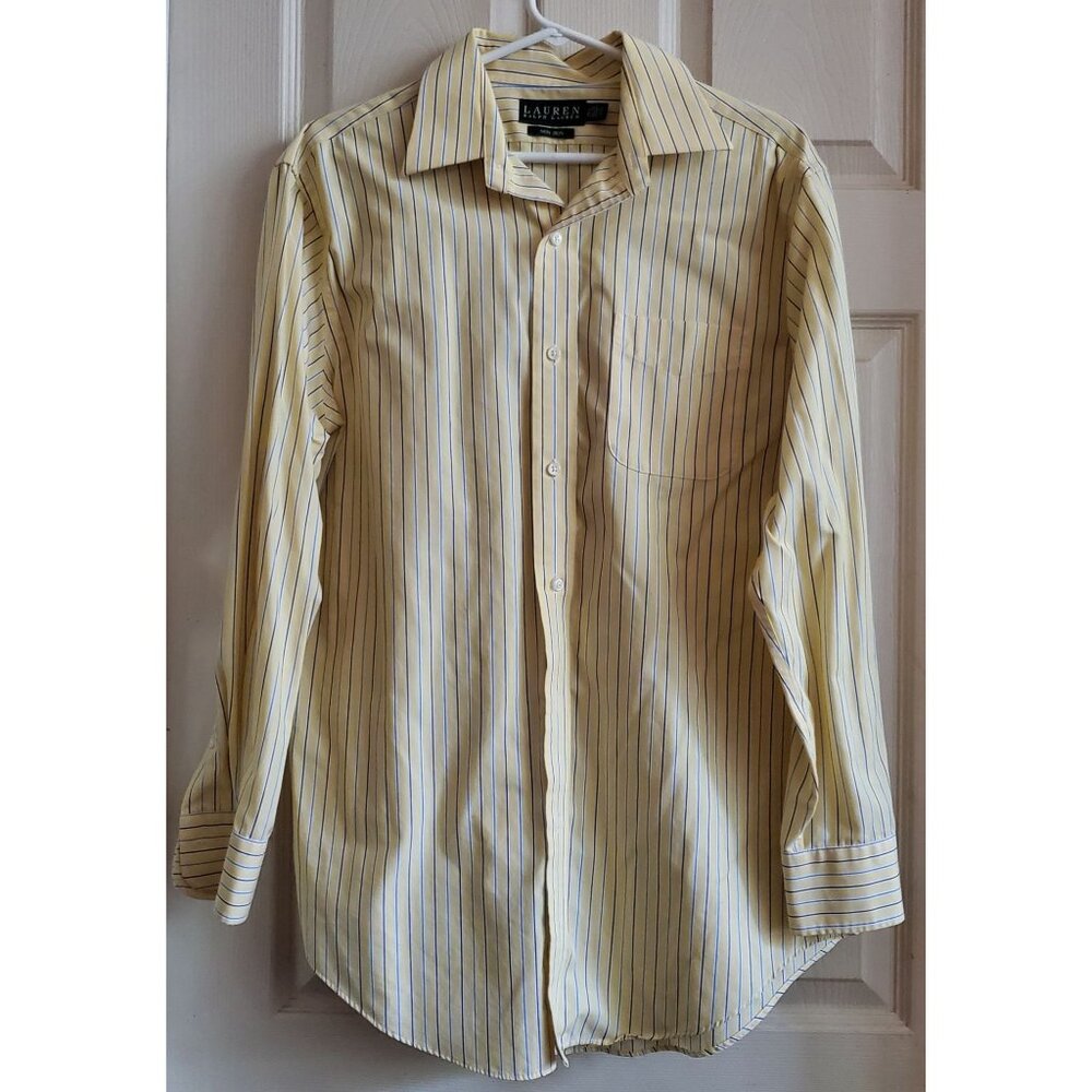 NWOT RLR Shirt Men32 Easy Care Blue PinStripe &Creamy Yellow XtraButtons 23xpit